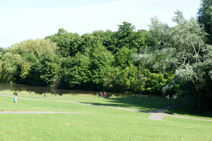 People doing various activities at a park, including fishing and flying a kite.